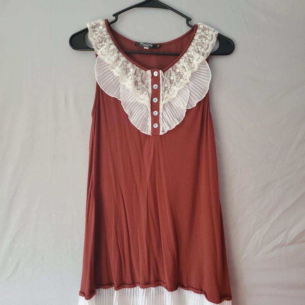 Miss Kelly 1999 red w/ white lace blouse